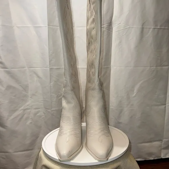 🆕 AQUA Women's Ace Snip Toe High Heel Western Boots Bone Leather Size 9