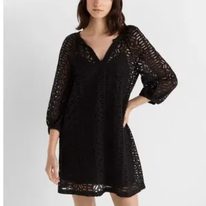 -Club Monaco Black Oversized V Neck Eyelet Summer Dress with Slip NWT XS