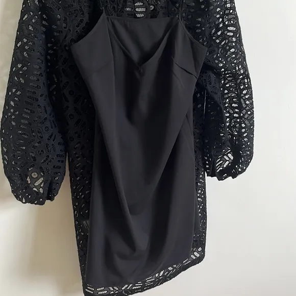 -Club Monaco Black Oversized V Neck Eyelet Summer Dress with Slip NWT XS