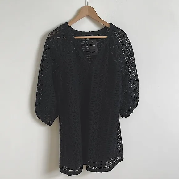 -Club Monaco Black Oversized V Neck Eyelet Summer Dress with Slip NWT XS