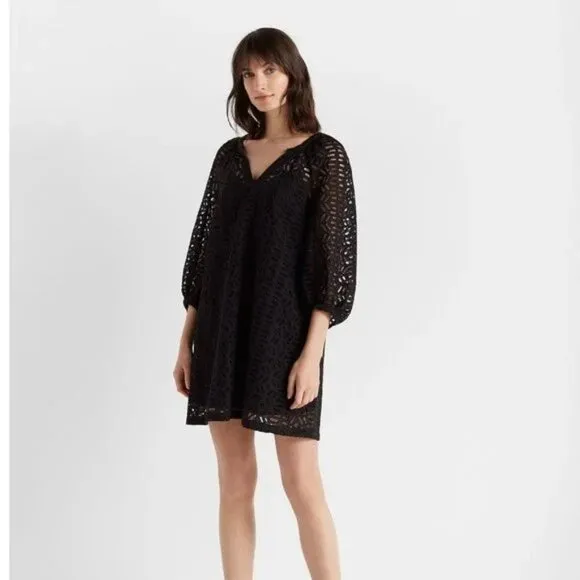 -Club Monaco Black Oversized V Neck Eyelet Summer Dress with Slip NWT XS