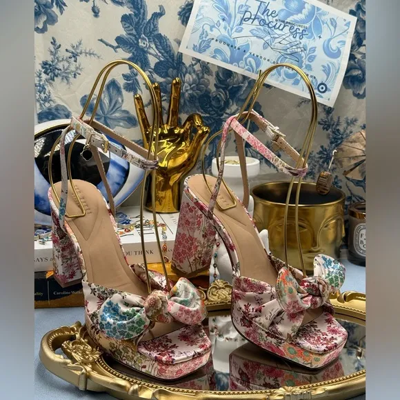 🆕 TED BAKER 🧿 NWOT MADDY Satin Floral Printed Platform Bow Sandals, Sz 6