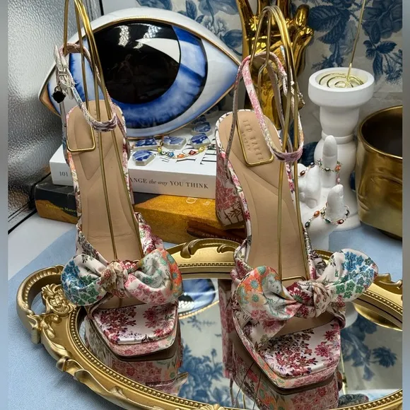 🆕 TED BAKER 🧿 NWOT MADDY Satin Floral Printed Platform Bow Sandals, Sz 6