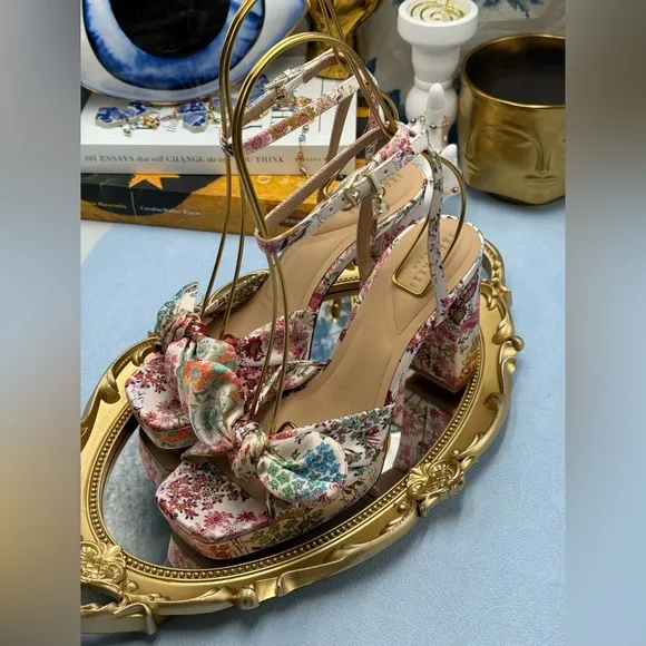 🆕 TED BAKER 🧿 NWOT MADDY Satin Floral Printed Platform Bow Sandals, Sz 6