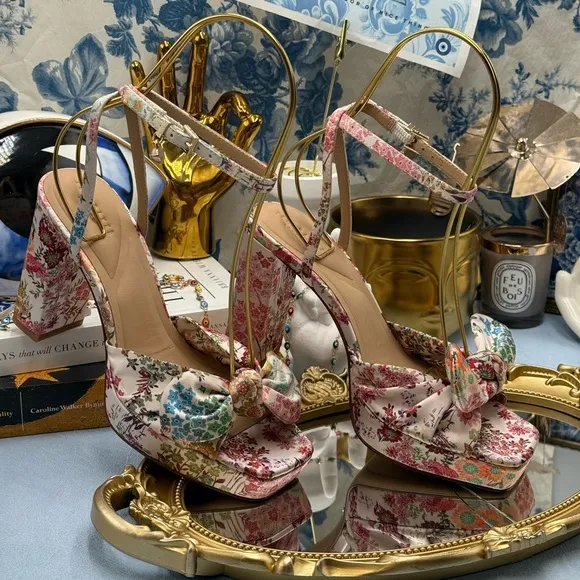 🆕 TED BAKER 🧿 NWOT MADDY Satin Floral Printed Platform Bow Sandals, Sz 6