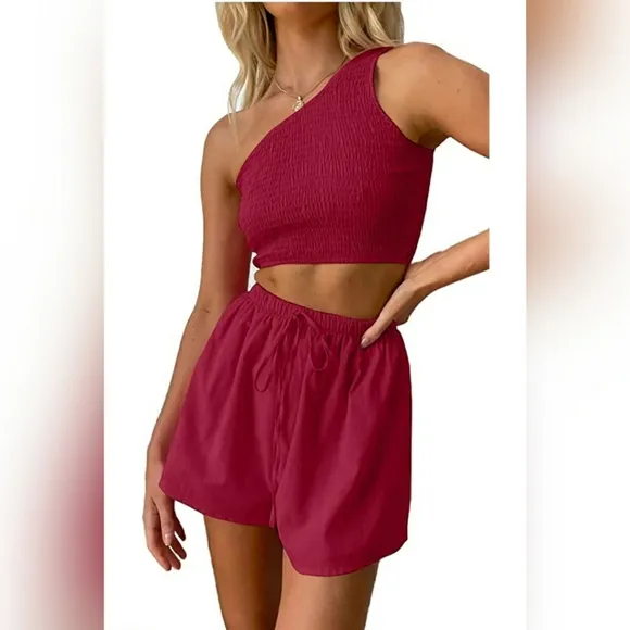 💚2 Piece Summer Outfits Casual One Shoulder Crop Top and High Waisted Shorts Lo