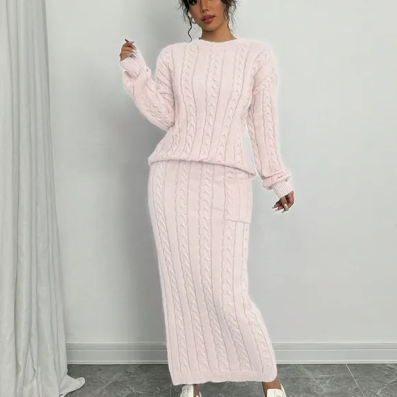 2pcs Women Solid Color Round Neck Drop Shoulder Long Sleeve Sweater