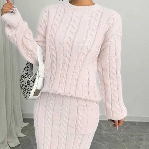 2pcs Women Solid Color Round Neck Drop Shoulder Long Sleeve Sweater