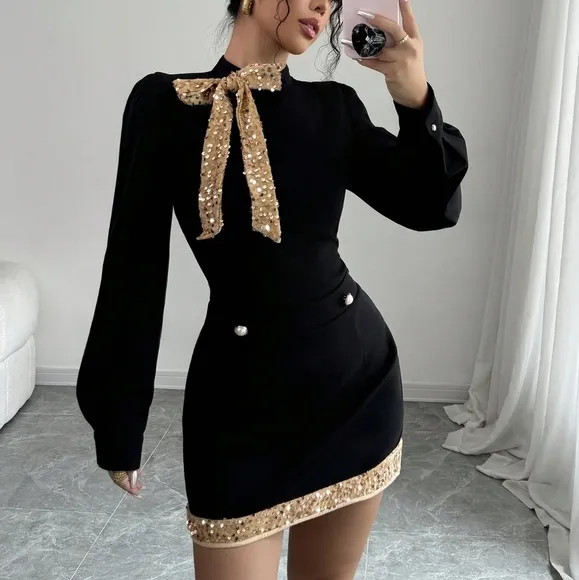 2pcs/Set Women Fall/Winter Elegant Sequin Bow Decoration Shirt And Skirt Suit