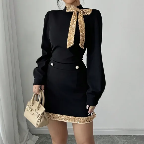 2pcs/Set Women Fall/Winter Elegant Sequin Bow Decoration Shirt And Skirt Suit