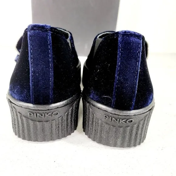 $375 NWT PINKO Sneakers Velvet Blue Chunky Platform Shoe 7 Casual Ruffle Slip On