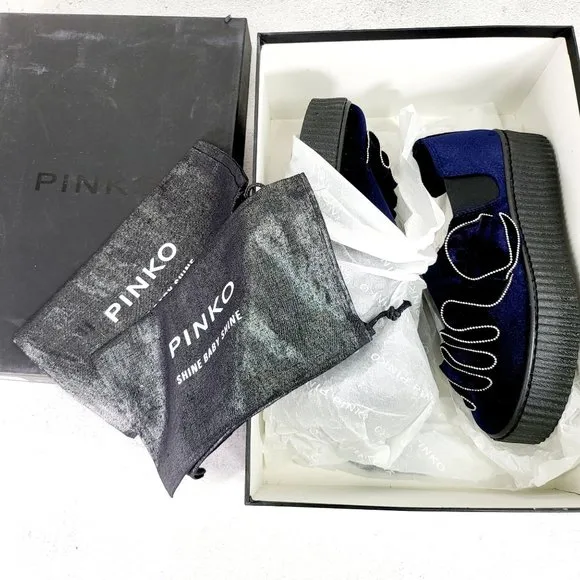 $375 NWT PINKO Sneakers Velvet Blue Chunky Platform Shoe 7 Casual Ruffle Slip On
