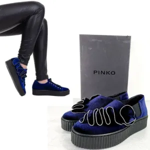 $375 NWT PINKO Sneakers Velvet Blue Chunky Platform Shoe 7 Casual Ruffle Slip On