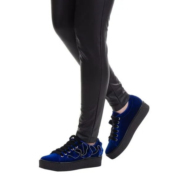 $375 NWT PINKO Sneakers Velvet Blue Chunky Platform Shoe 7 Casual Ruffle Slip On