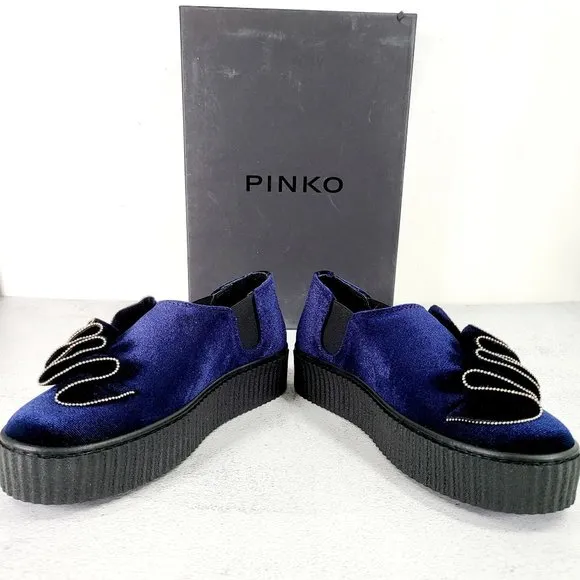 $375 NWT PINKO Sneakers Velvet Blue Chunky Platform Shoe 7 Casual Ruffle Slip On