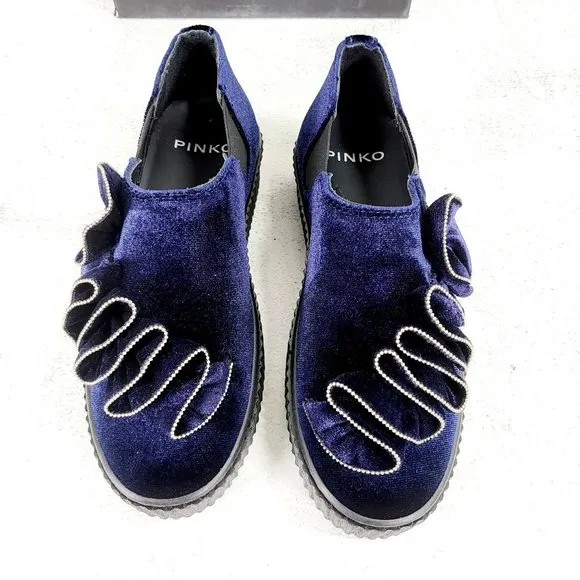 $375 NWT PINKO Sneakers Velvet Blue Chunky Platform Shoe 7 Casual Ruffle Slip On