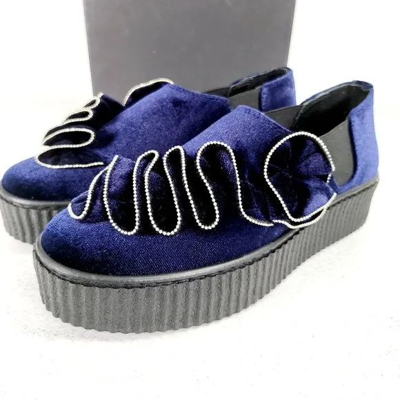 $375 NWT PINKO Sneakers Velvet Blue Chunky Platform Shoe 7 Casual Ruffle Slip On