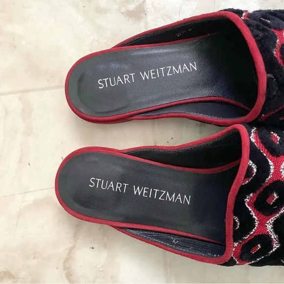 $498 Stuart Weitzman Mulearky Red/Black Embroidery Slip-on Vamp Mules Flats sz 6