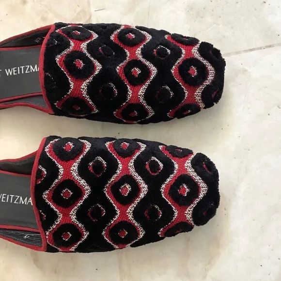 $498 Stuart Weitzman Mulearky Red/Black Embroidery Slip-on Vamp Mules Flats sz 6