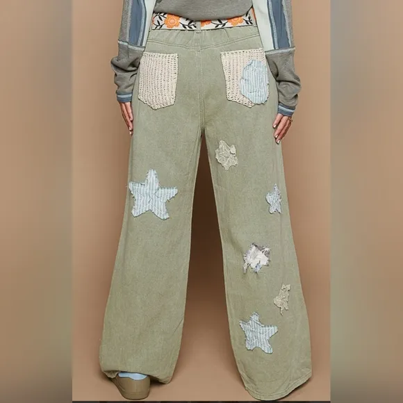 #527 POL Twill Wide Leg Pants with Star Patch Detail