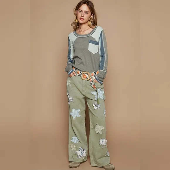 #527 POL Twill Wide Leg Pants with Star Patch Detail