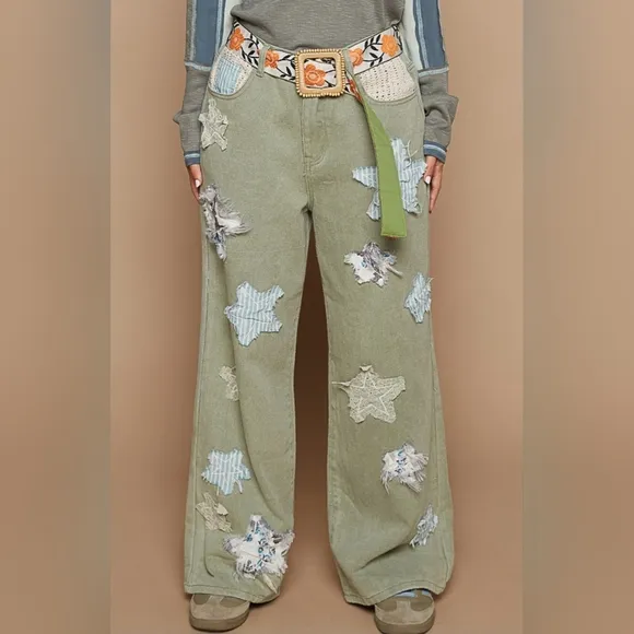 #527 POL Twill Wide Leg Pants with Star Patch Detail
