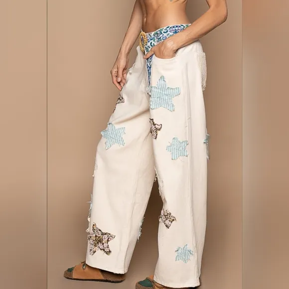 #529 POL Twill Wide Leg Pants with Star Patch Detail