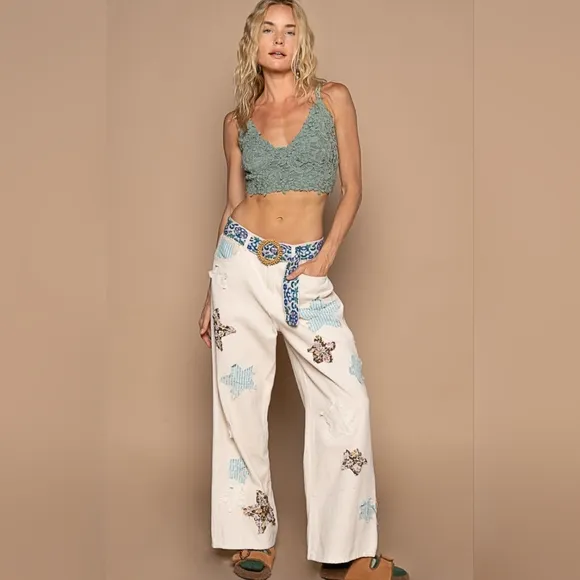 #529 POL Twill Wide Leg Pants with Star Patch Detail