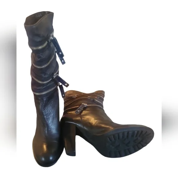 7 For All Mankind Ego Black Silver Zipper Slouch Boots Sz 7 1/2