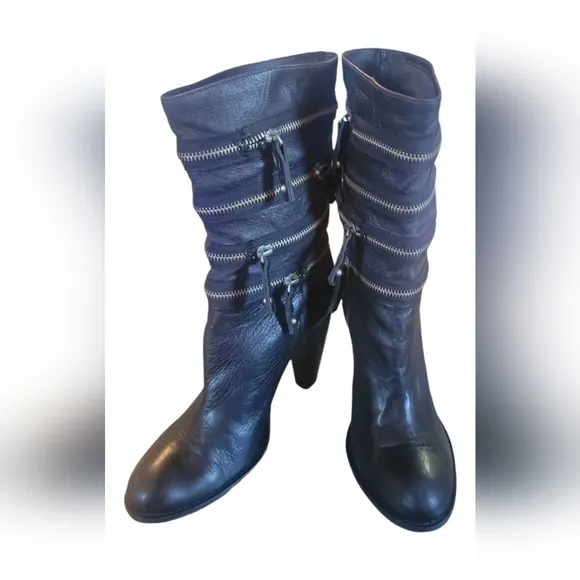 7 For All Mankind Ego Black Silver Zipper Slouch Boots Sz 7 1/2