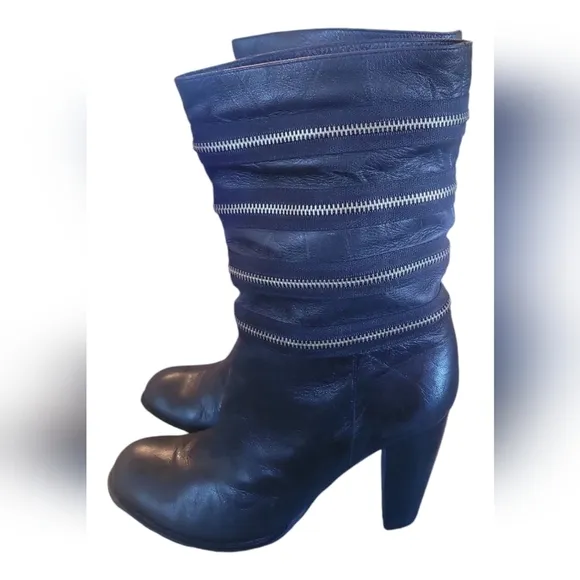 7 For All Mankind Ego Black Silver Zipper Slouch Boots Sz 7 1/2