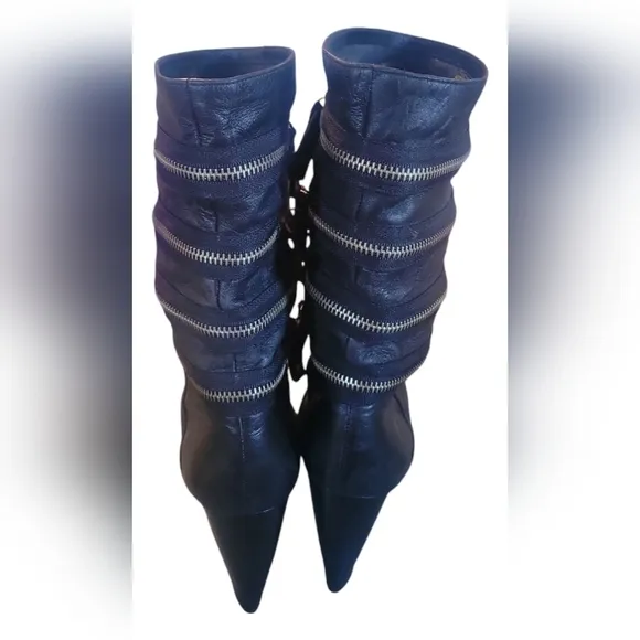 7 For All Mankind Ego Black Silver Zipper Slouch Boots Sz 7 1/2