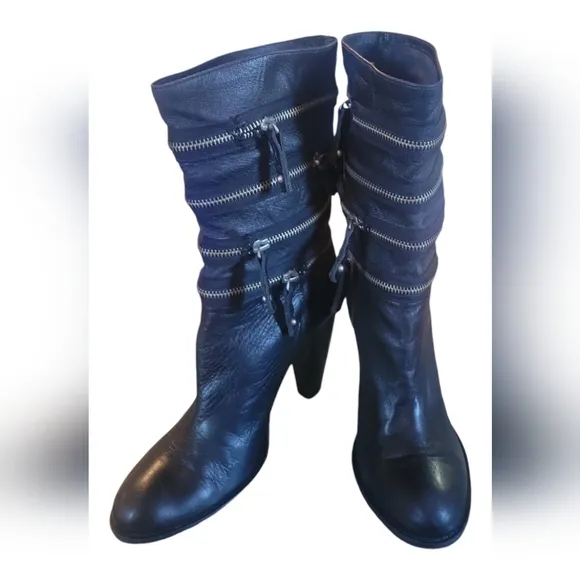 7 For All Mankind Ego Black Silver Zipper Slouch Boots Sz 7 1/2