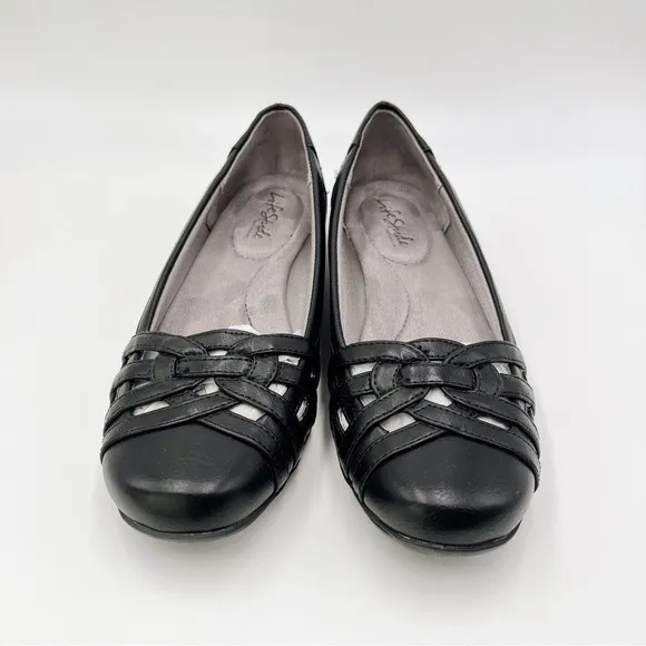 8.5W 8.5 WIDE LifeStride Diverse Black Faux Vegan Leather Ballet Flats Shoes NEW
