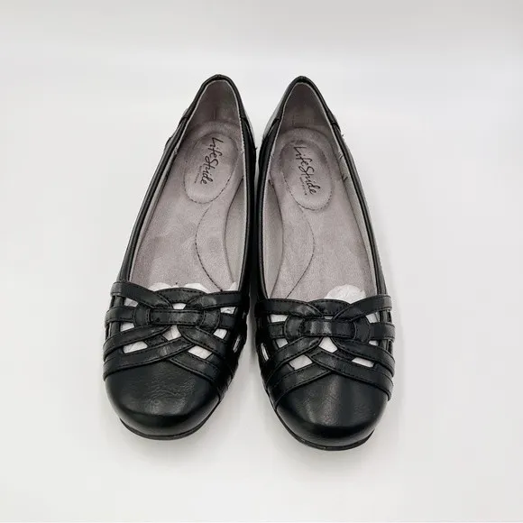8.5W 8.5 WIDE LifeStride Diverse Black Faux Vegan Leather Ballet Flats Shoes NEW