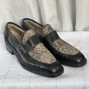 90s Cheetah Print Cowhide Black Leather Loafers from Italy 9.5