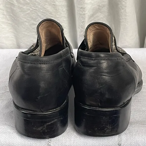 90s Cheetah Print Cowhide Black Leather Loafers from Italy 9.5
