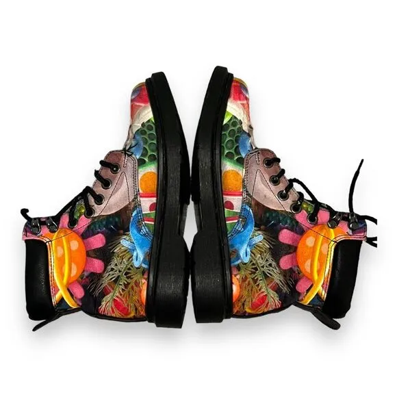 Abstract Funky Combat Boots Lace Up Mid Top Multicolor Vibrant  M 6.5/ W 8