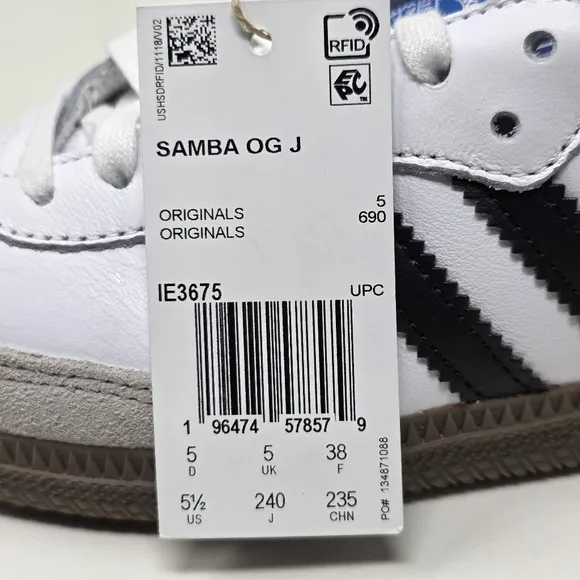 Adidas Samba OG J Kids Footwear Casual Sneakers White Black IE3675 Size 5.5 New