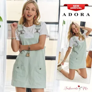 ❤️ADORA Adjustable Shoulder Strap Square Neck Pockets Overall Mini Dress | Sage