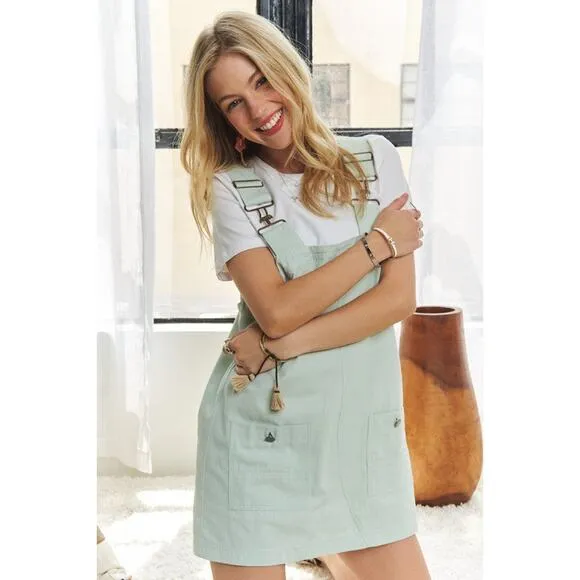 ❤️ADORA Adjustable Shoulder Strap Square Neck Pockets Overall Mini Dress | Sage