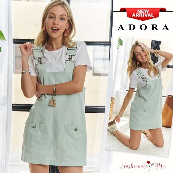 ❤️ADORA Adjustable Shoulder Strap Square Neck Pockets Overall Mini Dress | Sage