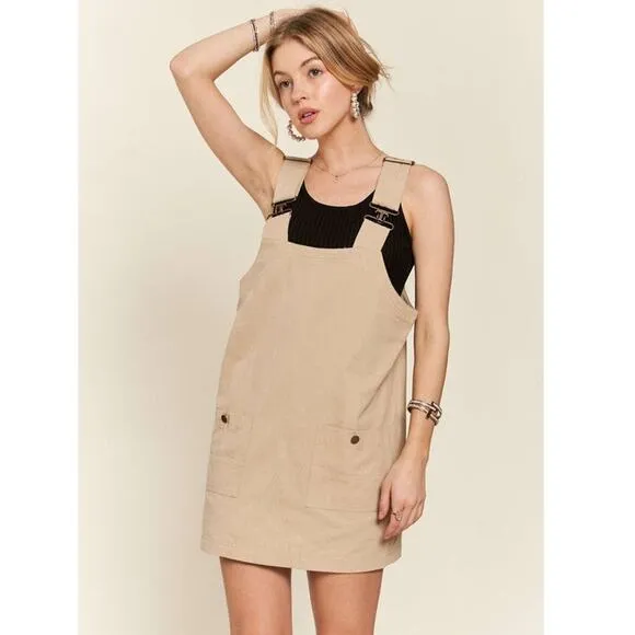 ❤️ADORA Adjustable Shoulder Strap Square Neck Pockets Overall Mini Dress | Tan