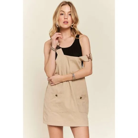 ❤️ADORA Adjustable Shoulder Strap Square Neck Pockets Overall Mini Dress | Tan
