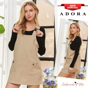 ❤️ADORA Adjustable Shoulder Strap Square Neck Pockets Overall Mini Dress | Tan