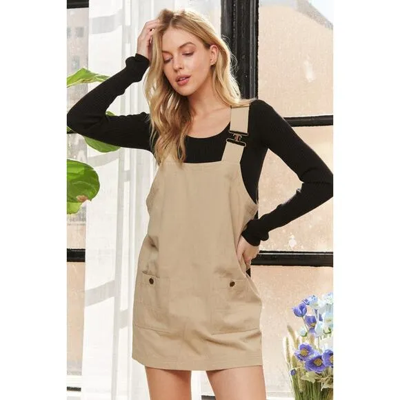 ❤️ADORA Adjustable Shoulder Strap Square Neck Pockets Overall Mini Dress | Tan