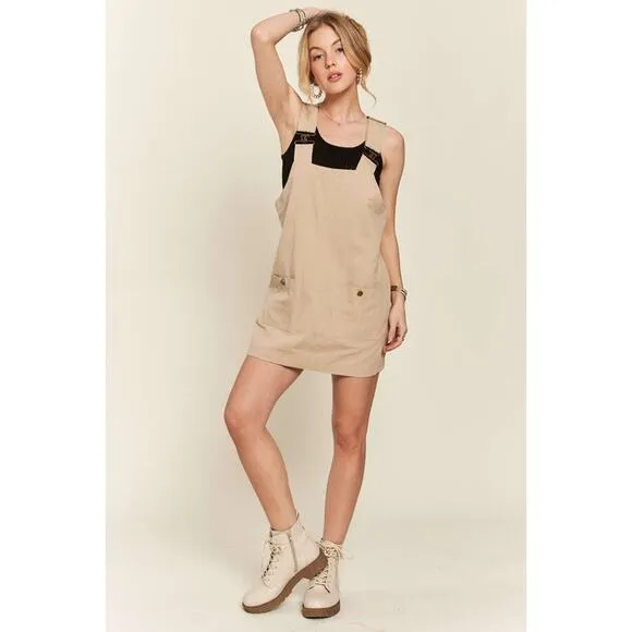 ❤️ADORA Adjustable Shoulder Strap Square Neck Pockets Overall Mini Dress | Tan
