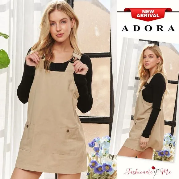 ❤️ADORA Adjustable Shoulder Strap Square Neck Pockets Overall Mini Dress | Tan