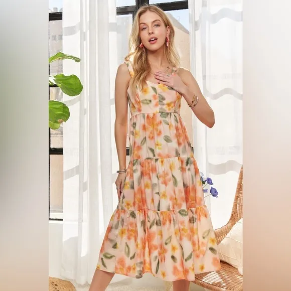 ADORA Smocked Back Floral Adjustable Strap Midi Dress