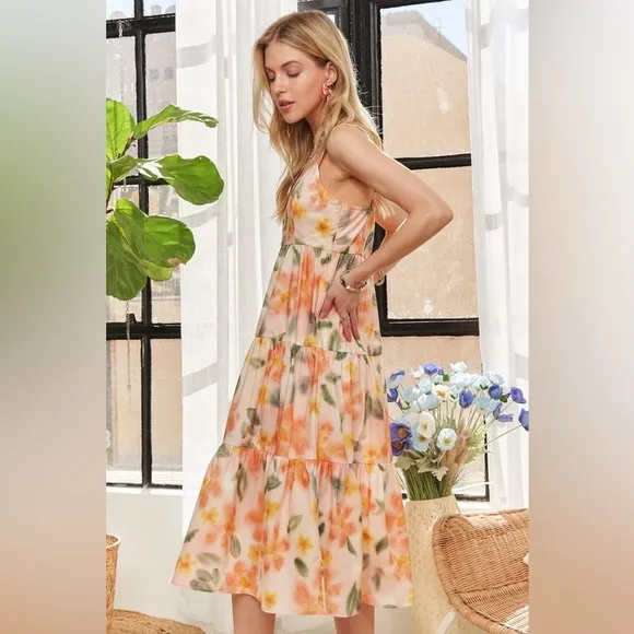 ADORA Smocked Back Floral Adjustable Strap Midi Dress